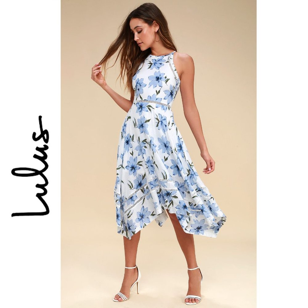 NWOT Lulus Zahara Blue and White Floral Print Midi Dress